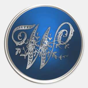 Kuvertförsegling för silver och blått monogram W Runt Klistermärke