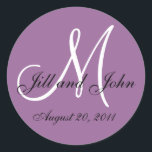 Kuvertförseglingar av lila White Monogram Bröllop Runt Klistermärke<br><div class="desc">Monogram Bride Groom Mauve Bröllopsinbjudan - kuvert Seal Stickers Design av Elke Clarke ©2008. Monogram Bröllop-förseglingsmärke för första briomförslutning Anpassa med färg och information om bröllop.</div>