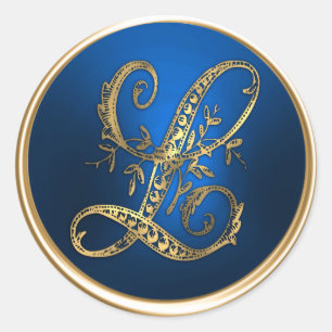 Kuvertförseglingen guld och Blå monogram L Runt Klistermärke