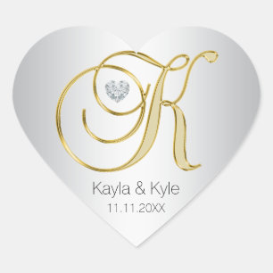 Kuvertförseglingen silver Guld Monogram "K" Bröllo Hjärtformat Klistermärke