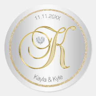 Kuvertförseglingen silver Guld Monogram "K" Bröllo Runt Klistermärke