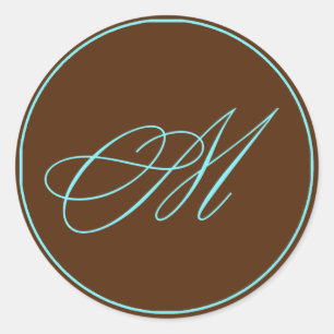 Kuvertförseglingschoklad och blå monogram Bröllop Runt Klistermärke
