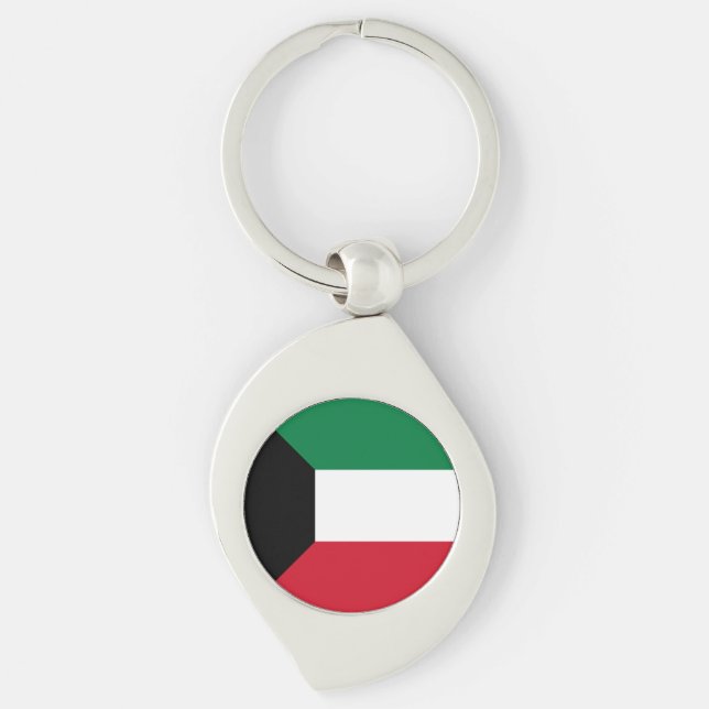 Kuwait Flagga Swirl Silverfärgad Nyckelring (Framsidan)
