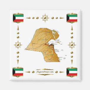 Kuwait Karta + Flaggor Magnet