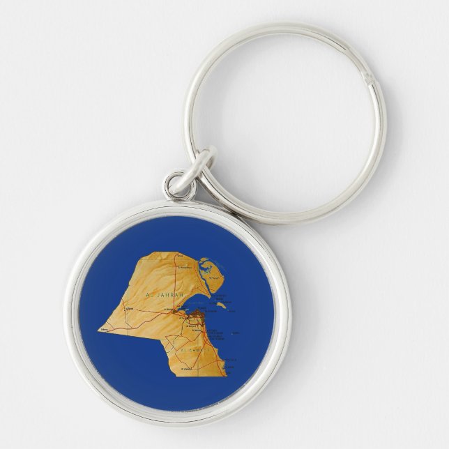 Kuwait Karta Keychain Rund Silverfärgad Nyckelring (Framsidan)