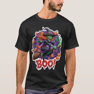 Kvackande häxa på kvast omgiven av pumpa t shirt