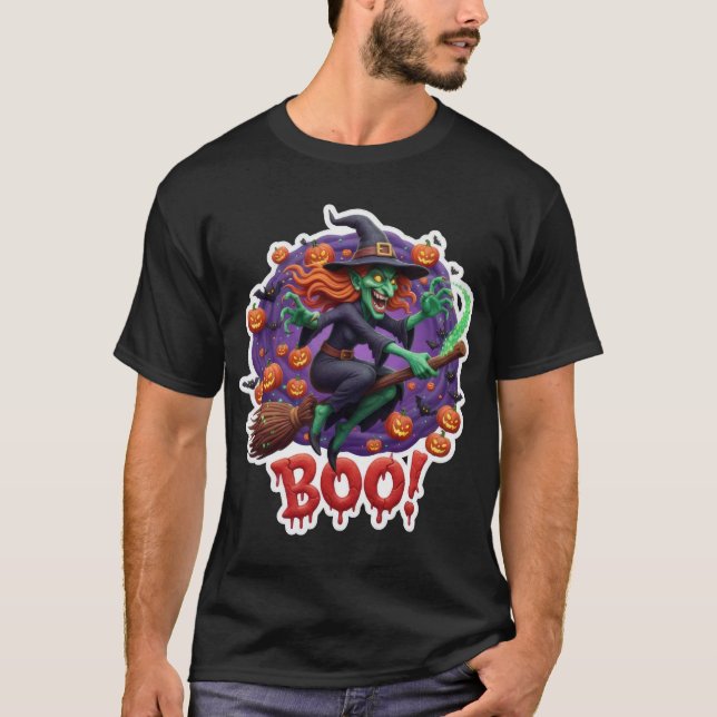 Kvackande häxa på kvast omgiven av pumpa t shirt (Framsida)