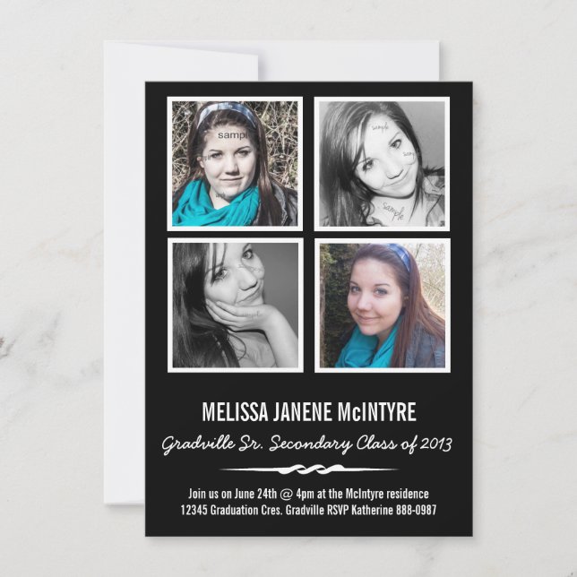 Kvadratfoto fyra kvadrerar den svartvita studenten inbjudningar (Framsida)