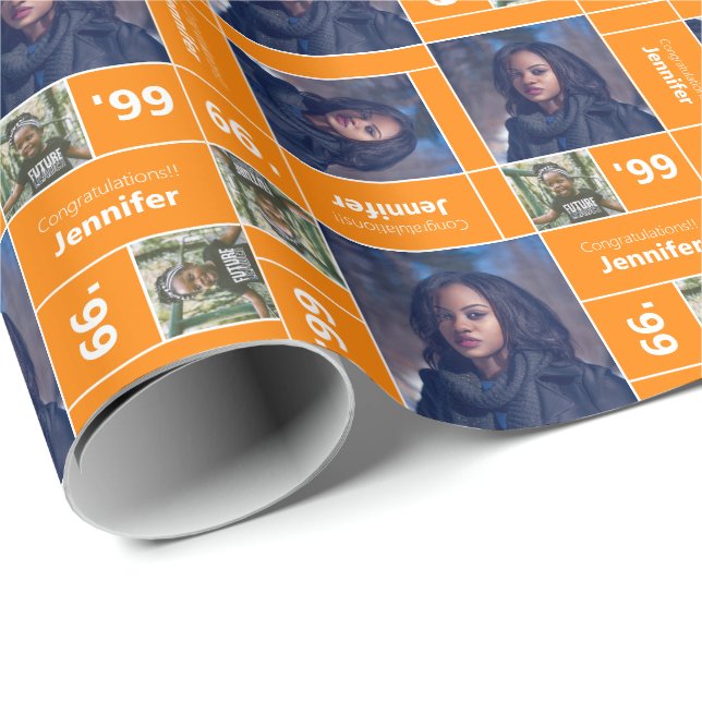 Kvadratfoto-Studenten-klass, Orange Presentpapper (Rullad Hörn)