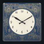 Kvadratisk Art Deco-klocka i flottan Mörk blått oc Fyrkantig Klocka<br><div class="desc">guld-dekoklocka, art nouveau-klocka vit, 1920-kvadrat, snyggt sofistikerad 1920 stil, vintage antique, gammaldags finare, faux golden line art, enkel minimalistisk fyrkantig klocka, minimal mönster-design i elegant</div>
