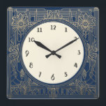 Kvadratisk Art Deco-klocka i flottan Mörk blått oc Fyrkantig Klocka<br><div class="desc">guld-dekoklocka, art nouveau-klocka vit, 1920-kvadrat, snyggt sofistikerad 1920 stil, vintage antique, gammaldags finare, faux golden line art, enkel minimalistisk fyrkantig klocka, minimal mönster-design i elegant</div>