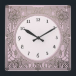 Kvadratisk Art Deco-klocka i Rosa Fyrkantig Klocka<br><div class="desc">snyggt-deco-klocka, art nouveau-klocka, 1920-kvadrat, sofistikerad 1920 stil, vintage-antik, gammaldags finare, faux golden line art, enkel minimalistisk fyrkantig klocka, minimal mönster-elegant design</div>