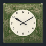 Kvadratisk Art Deco-klocka på Mörk grönt och Guld Fyrkantig Klocka<br><div class="desc">Art deco klocka, art nouveau-klocka, guld-kräm, 1920-kvadrat, snyggt sofistikerad 1920 stil, retrovintage antique, gammaldags finare, faux golden line art, enkel minimalistisk fyrkantig klocka, minimal mönster-formgivning i elegant</div>