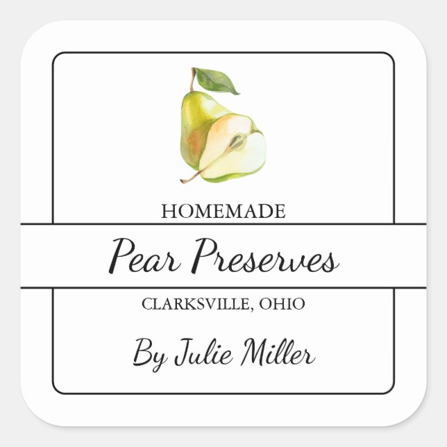 Kvadratisk etikett för Homemade Pear Preserve (Framsida)
