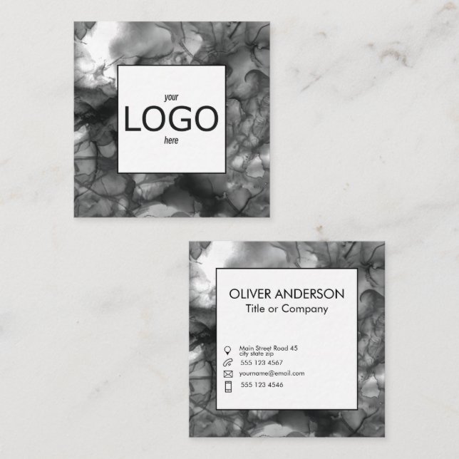 Kvadratisk logotyp, svart och vitt fyrkantigt visitkort (Fram/baksida)