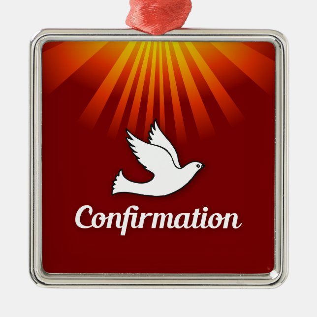 Kvadratisk ornament, Förtroende, Dove på Red. Julgransprydnad Metall (Framsidan)