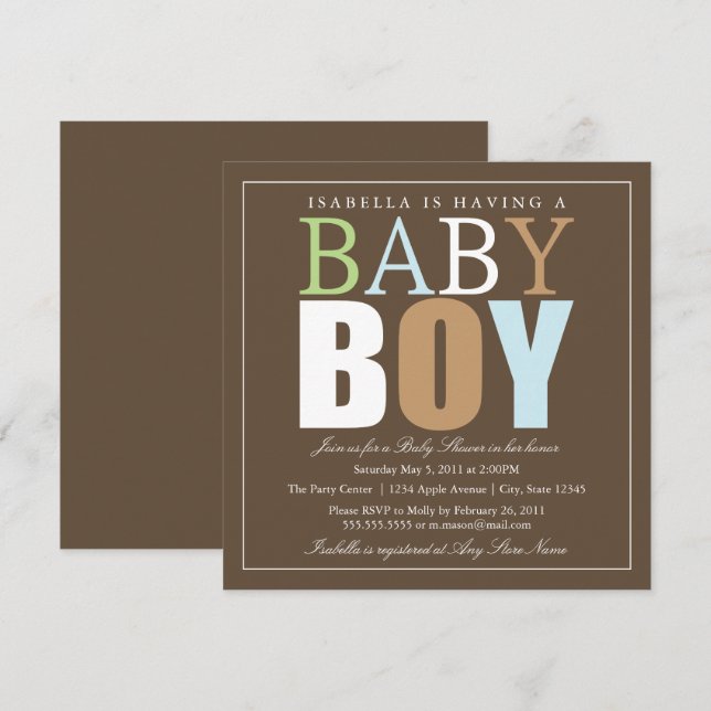 Kvadratisk Pojke| Babyskor Inbjudan (Fram/baksida)