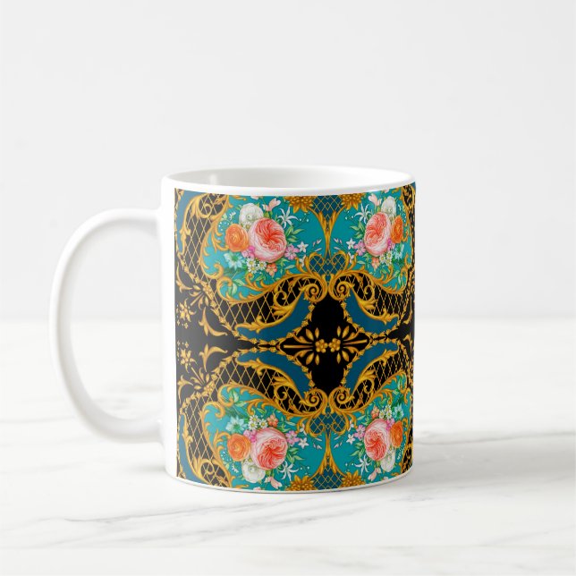 Kvadratisk sammansättning med rosa och orange blom kaffemugg (Vänster)