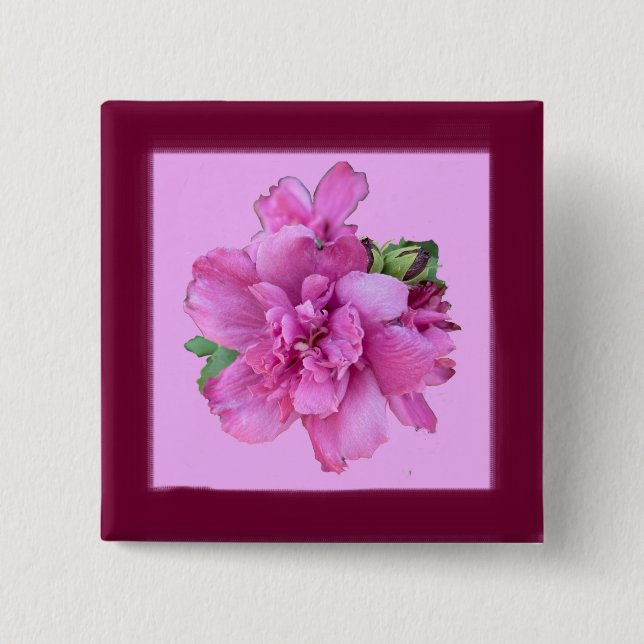 Kvadratknapp, 2 tum Rosa blomma på en kvadrat Knapp (Framsida)