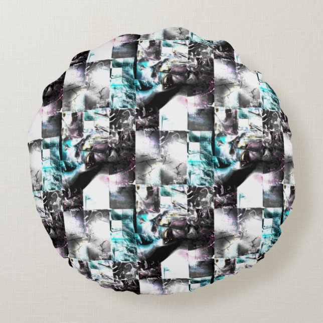 Kvadratmosaik av struktur i silver till cyan rund kudde (Baksidan)