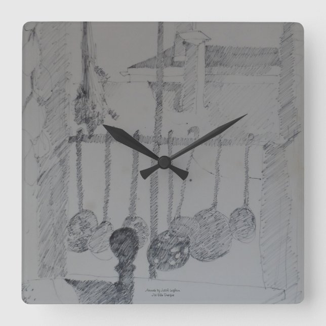 Kvadratur med kökssknil och köksredskap. fyrkantig klocka (Framsida)