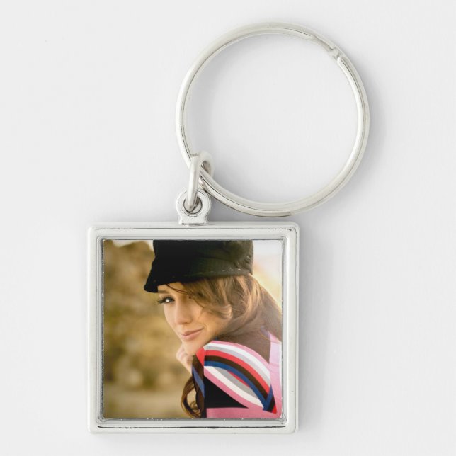 Kvadrera fotokeychain fyrkantig silverfärgad nyckelring (Framsidan)