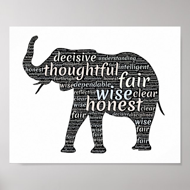 Kvaliteter hos en elefant Ord Cloud Poster (Framsidan)