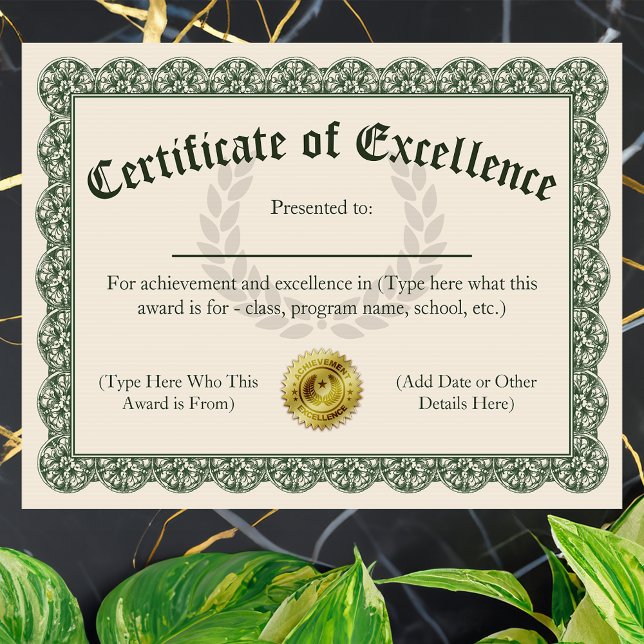 Kvalitetsbevis, Anpassade 8.5x11 (customizable certificate of excellence)
