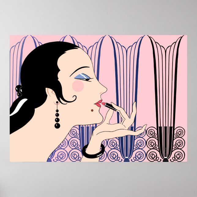 Kväll, Art Deco Dam i Rosa och Blå Poster (Framsidan)