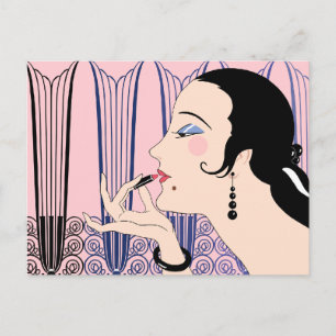KVÄLL, Art Deco Dam i Rosa och Blå Vykort
