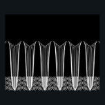 KVÄLL BALCONY, Art Deco Ironwork in White on Black Poster<br><div class="desc">Kväll Balcony är en vacker Fransk Art Deco Ironwork-design som noggrant återges från ett gammalt foto av Fransk järn grind. Den här versionen innehåller skuggor av vitt på svart.</div>