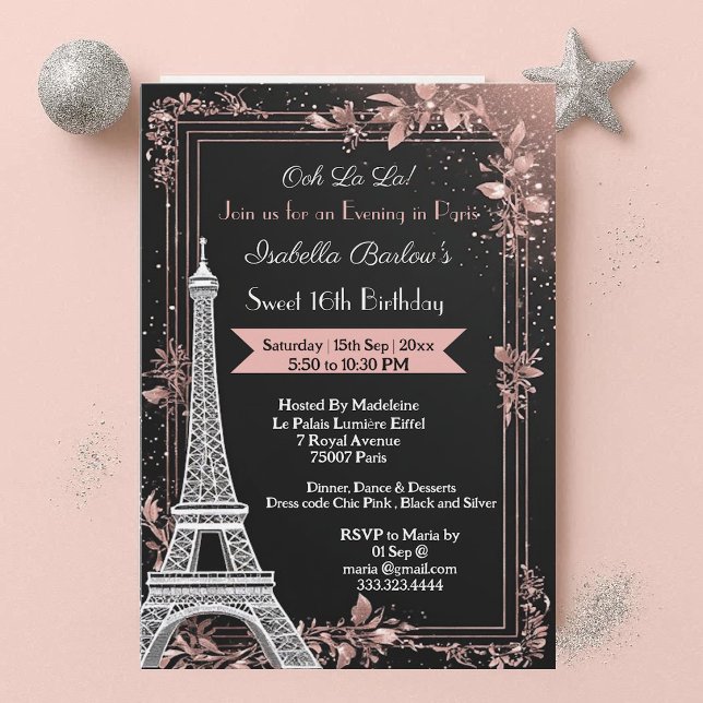 Kväll i Paris Eiffeltornet Söta 16-års födelsedag Inbjudningar (Evening in Paris Eiffel Tower Sweet 16 Birthday Invitation)
