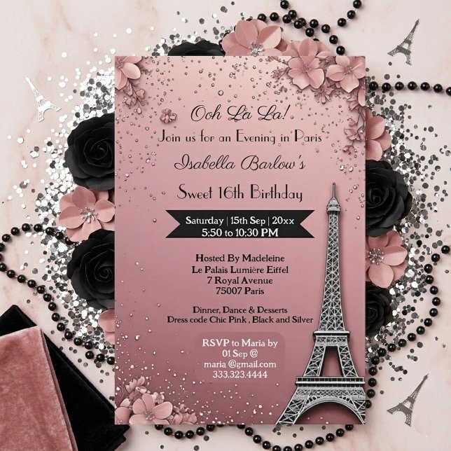 Kväll i Paris Eiffeltornet Sweet 16 Rosérosa Inbjudningar (Evening in Paris Eiffel Tower Sweet 16 Blush Pink Invitation)