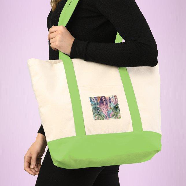 Kväll med ormäpple Garden av Eden Tygkasse (Vintage image of Eve sitting in the garden of Eden on tote bag with green accents.)