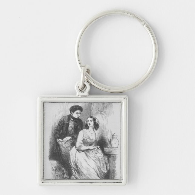 Kväll och David Sechard Fyrkantig Silverfärgad Nyckelring (Framsidan)