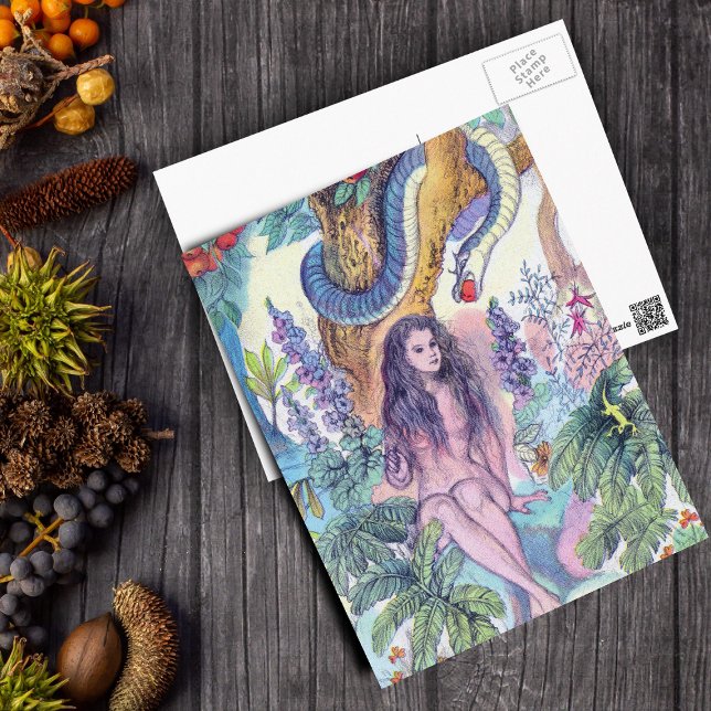 Kväll Sitta i Gargen Eden With snake Vykort (Illustration of Biblical Eve in tree with snake on postcard.)