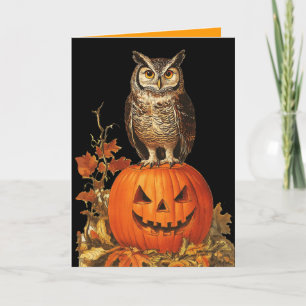 KVÄLL UGGLA PÅ HALLOWEEN PUMPKIN OCH HÖST LÖV KORT