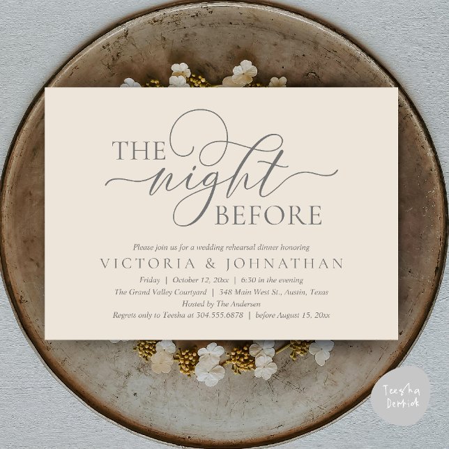 Kvällen före, Bröllopsrepetition Middag Fest Inbjudningar (The Night Before, Wedding Rehearsal Dinner Party Classy Romantic Invitation Card PDF Cream Grey)