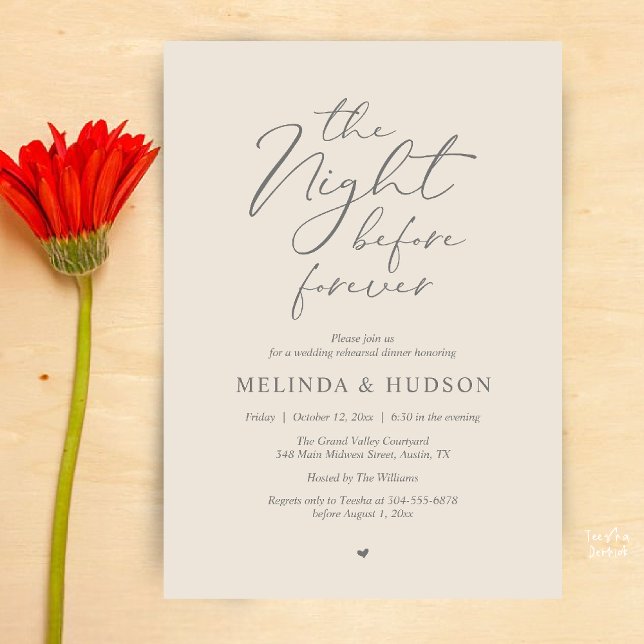 Kvällen före den eviga romantiska repetitionen mid inbjudningar (Modern Romantic Wedding Rehearsal Dinner The Night Before Forever Invites Card in Cream Grey)