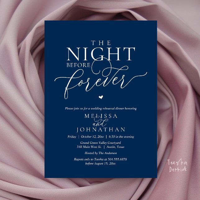 Kvällen före den eviga romantiska repetitionen mid inbjudningar (The Night Before Forever Romantic Rehearsal Dinner Invitation Card Navy Blue)