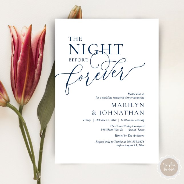 Kvällen före evigheten, Bröllopsrepetition Middag Inbjudningar (The Night Before Forever Wedding Rehearsal Dinner Romantic Classy Invites Card PDF in Navy Blue)
