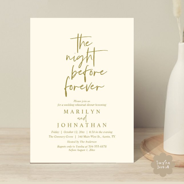 Kvällen före evigheten, Förlovningsmiddag Inbjudningar (The Night Before Forever, Modern Minimal Wedding Rehearsal Dinner Invitation Card in Yellow Gold)