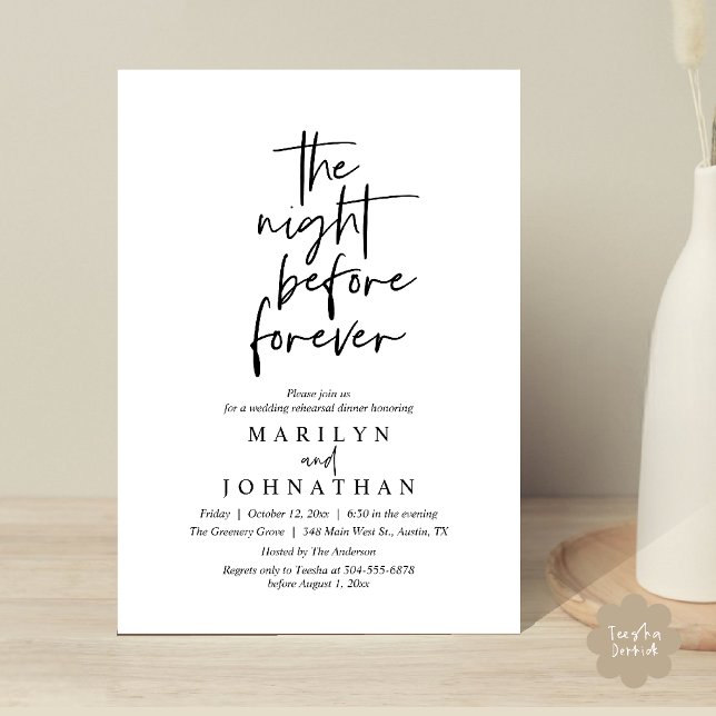 Kvällen före evigheten, Förlovningsmiddag Inbjudningar (The Night Before Forever, Modern Minimal Wedding Rehearsal Dinner Invitation Card in Black and White)