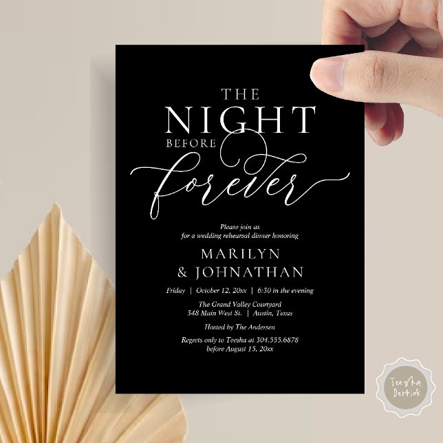 Kvällen före för evigt, Bröllopsrepetition Middag Inbjudningar (The Night Before Forever Wedding Rehearsal Dinner Romantic Classy Invites Card PDF in Black White)