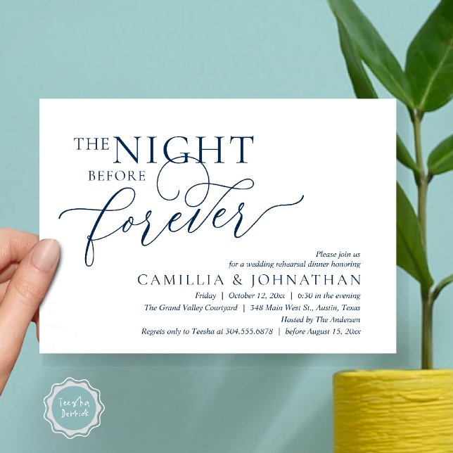 Kvällen före för evigt, Bröllopsrepetition Middag Inbjudningar (The Night Before Forever Wedding Rehearsal Dinner Romantic Classy Invites Card PDF in Navy Blue)