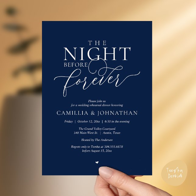 “Kvällen före för evigt” Elfenbens Navy Övning Inbjudningar (“The Night Before Forever” Ivory Navy Blue Rehearsal Invitation Card)