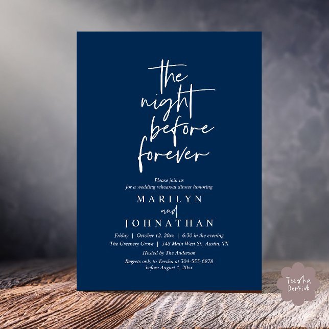 Kvällen före för evigt, middag före bröllopet inbjudningar (The Night Before Forever, Modern Minimal Wedding Rehearsal Dinner Invitation Card in Navy Blue)