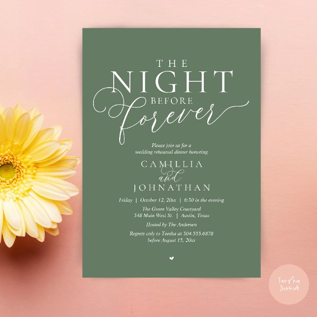 “Kvällen före för evigt” Modern repetitionstal-inb Inbjudningar (“The Night Before Forever” Modern classy minimalist Rehearsal Dinner Invitation Card Sage green)