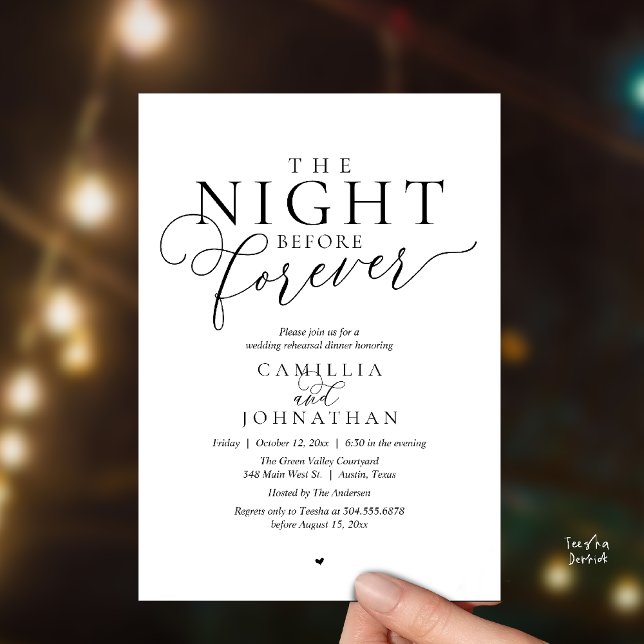 “Kvällen före för evigt” Modern repetitionstal inv Inbjudningar (“The Night Before Forever” Modern classy minimalist Rehearsal Dinner Invitation Card black and white)