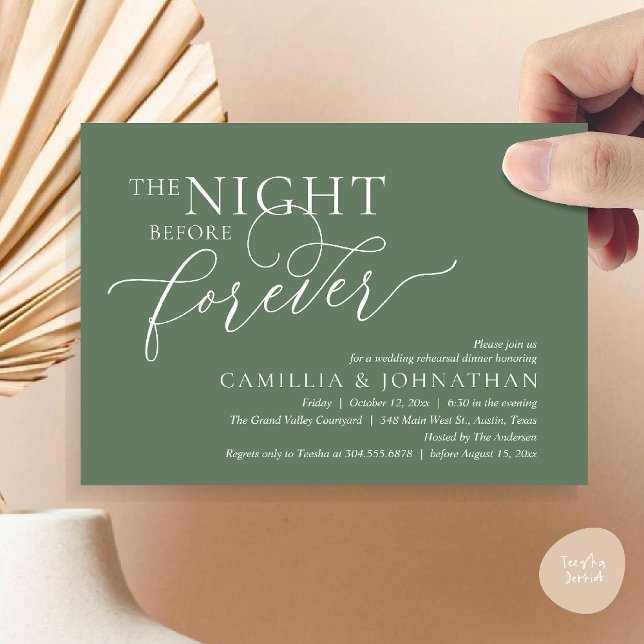 Kvällen före för evigt, Övningsmiddag inför bröllo Inbjudningar (The Night Before Forever Wedding Rehearsal Dinner Romantic Classy Invites Card PDF in Sage Green)